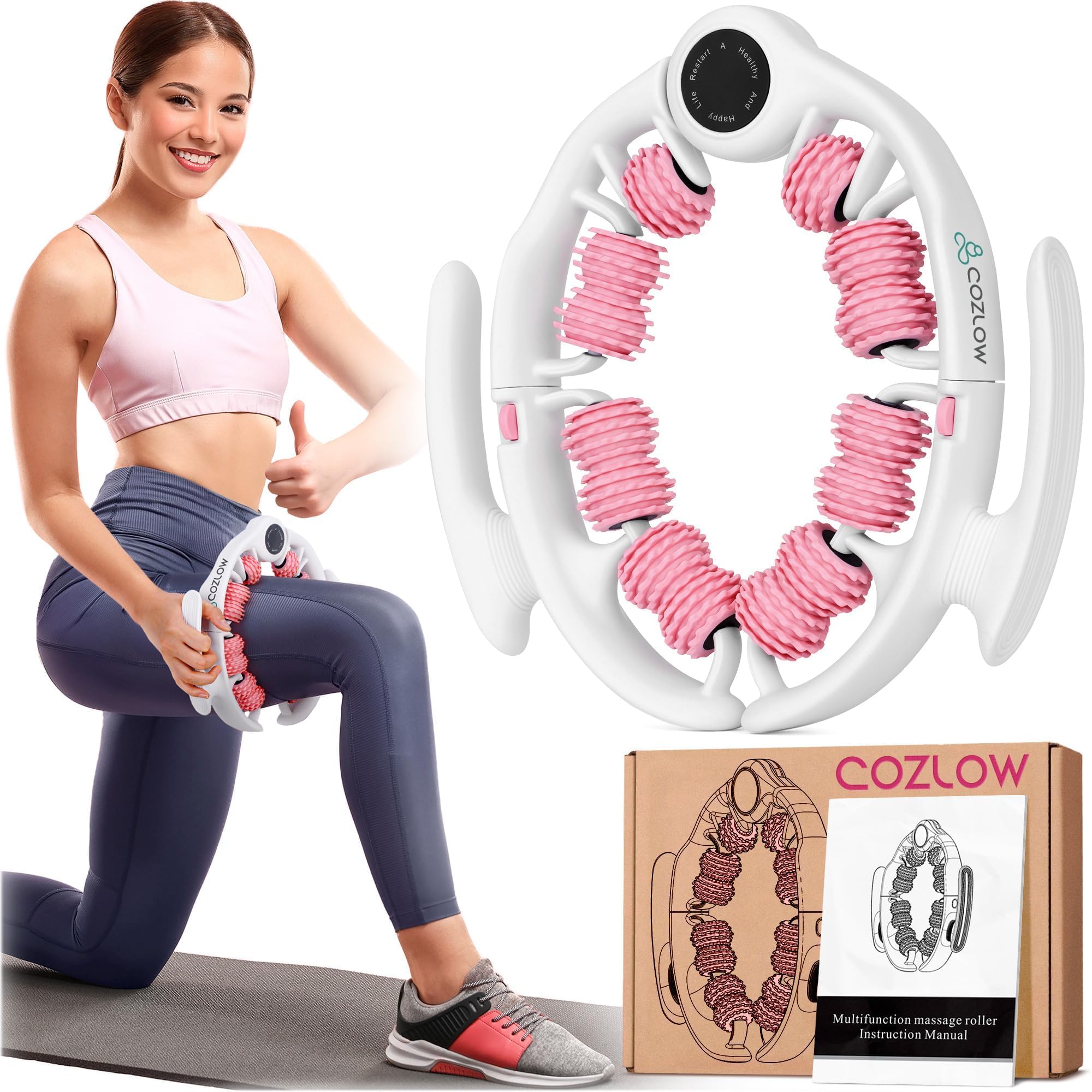 Photo 1 of COZLOW Cellulite Massage Roller - Pink - Anti-Cellulite Massager with Detachable Roller Handles for Thighs, Legs & Buttocks - Fascia Massage Tool for Lymphatic Drainage & Deep Tissue Therapy