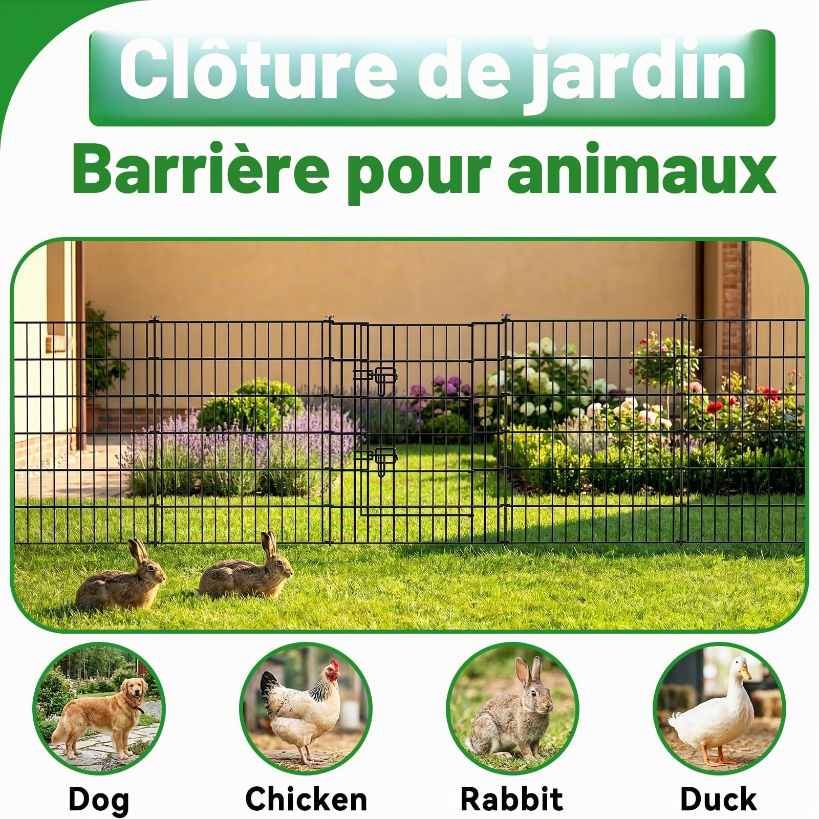 ARIFARO Clôture Décorative de Jardin 5 Panneaux Longueur Totale 3,5m (81 cm H x 71 cm L) - Barrière Pour Animaux de Compagnie en de Métal avec 4 Panneaux + 1 Portail Pour Lapins et Patio