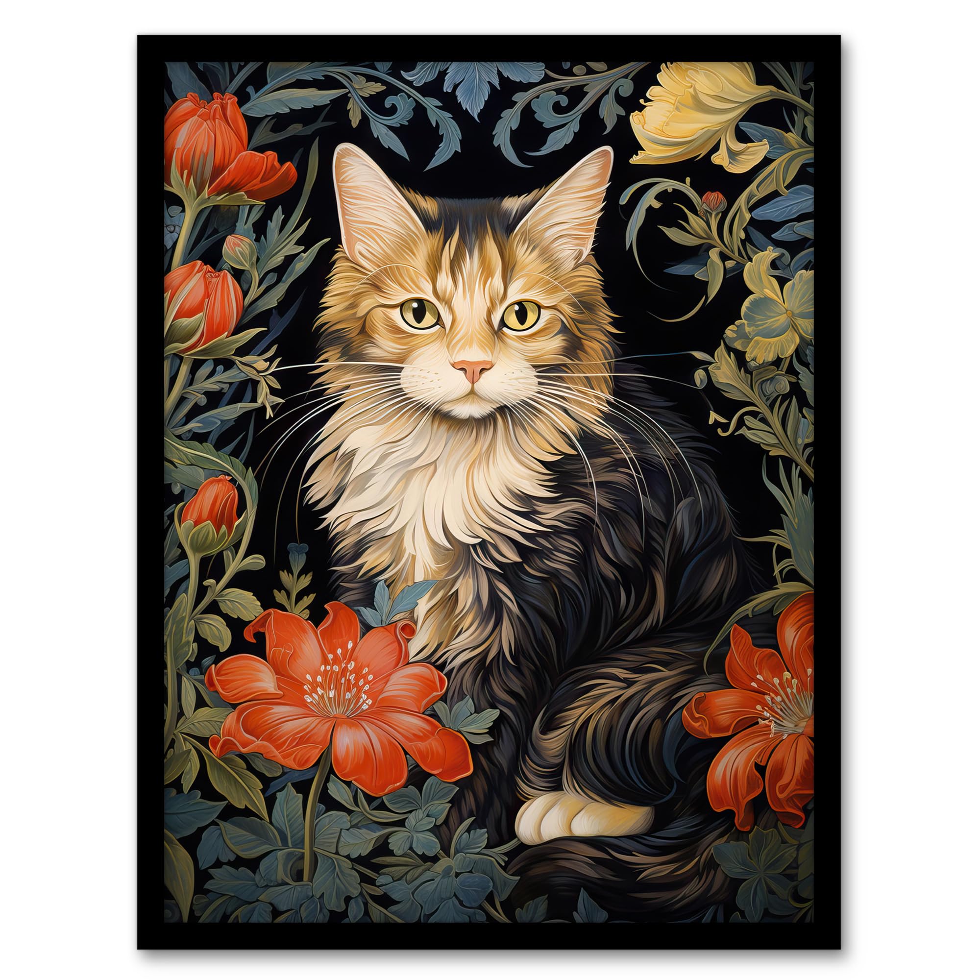 Maine Coon Cat Flowers Floral Art Print - William Morris Style - Framed Wall Art A4 - Black Frame