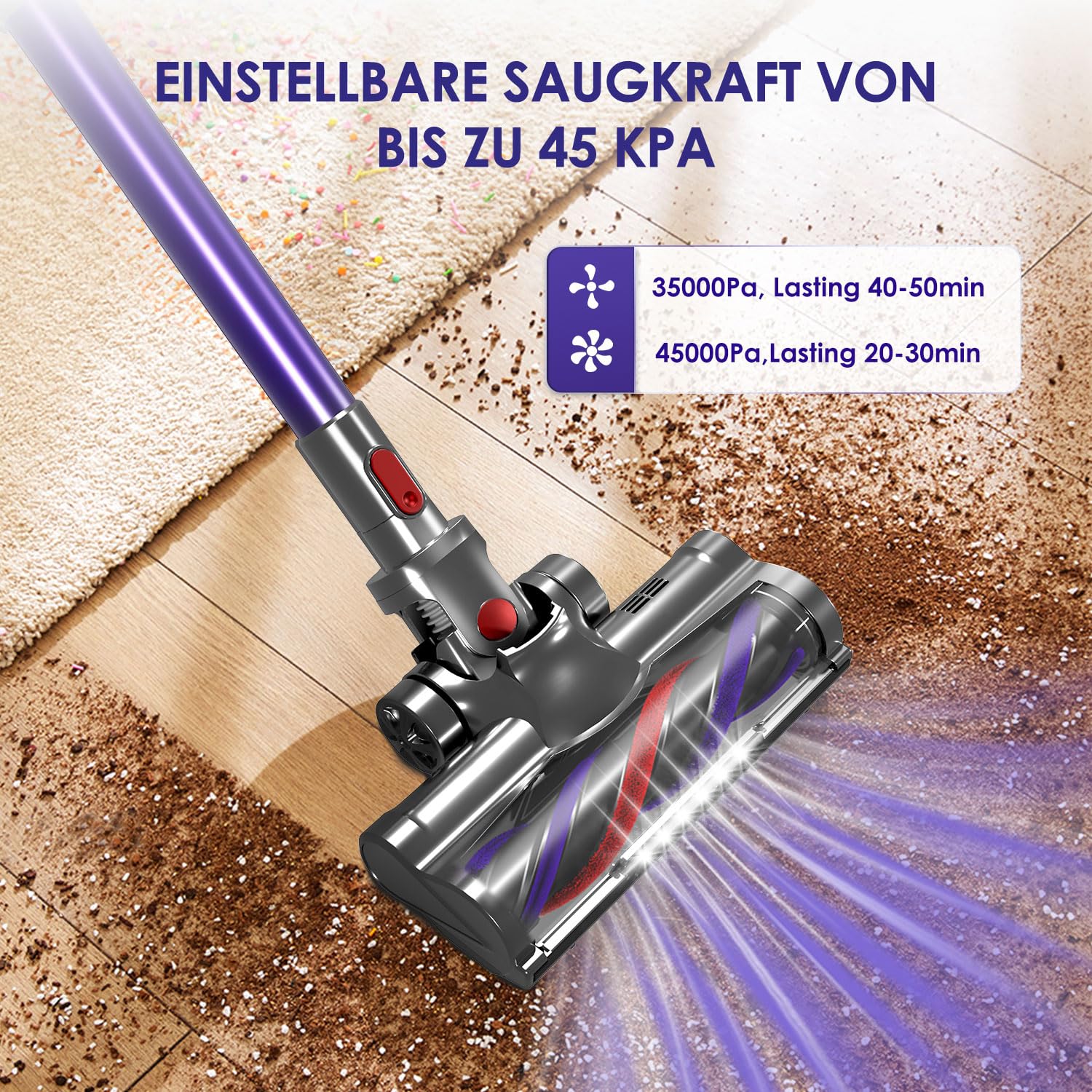 Akku Staubsauger Kabellos, 45000Pa Kabelloser Staubsauger mit Touchscreen, 50Mins, 1.6L, H13 HEPA, Anti-Tangle-Bürste, für Hartböden/Teppich/Tierhaare, Violett