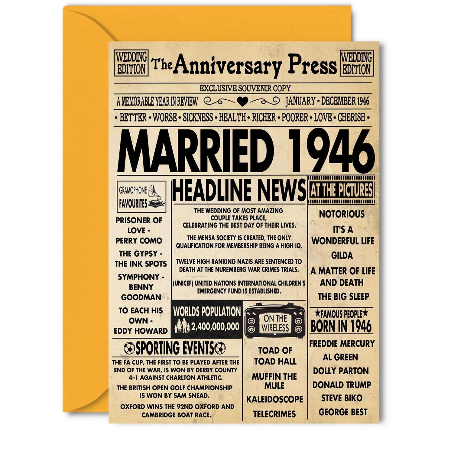 80th Anniversary Cards for Men Women - Married 1946 Newspaper - 80 Wedding Anniversary Card for Husband Wife Grandma Grandad Nan Vintage Retro 1946, 5x7 Inch Greeting Cards