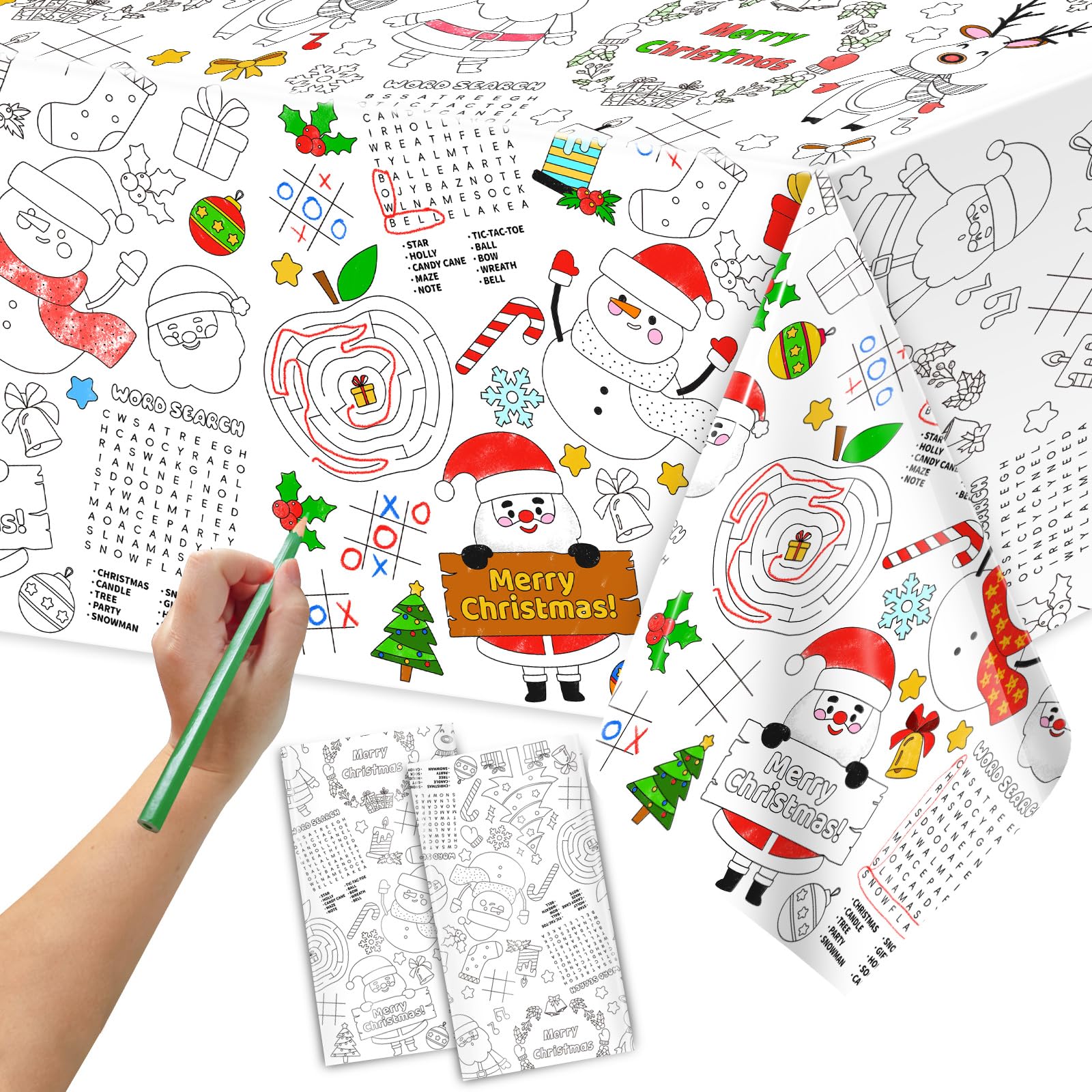 2 Pack Christmas Coloring Tablecloth for Kids, Christmas Paper Tablecloth Santa Merry Christmas Color-in Activity Disposable Tablecover for Kids Christmas Winter Holiday Party Decorations, 54X108 Inch