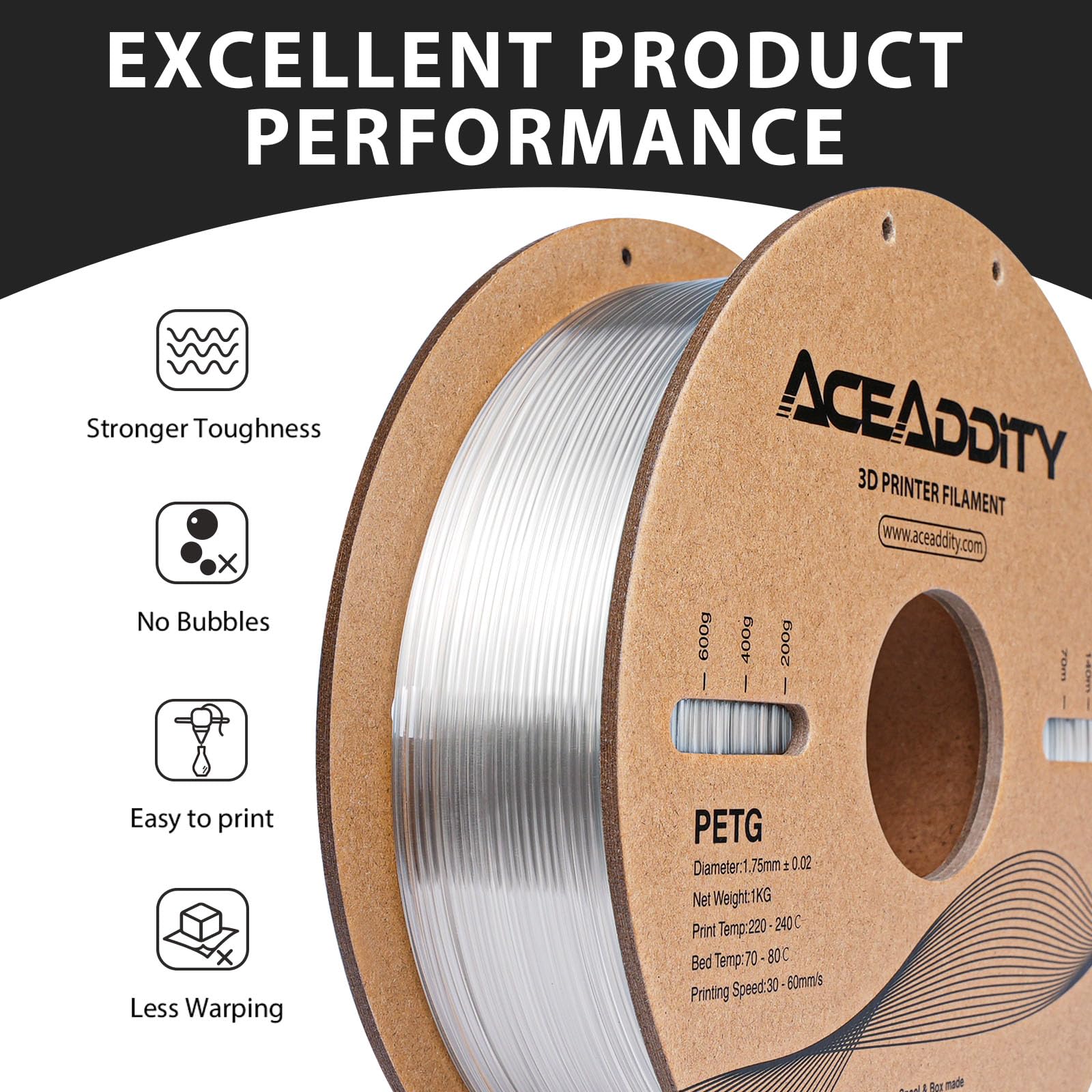 Filamento de PETG de 1,75 mm PETG de impresión 3D, compatible con la mayoría de impresoras 3D FDM Neptune 2 / Neptuno 3 / Ender 3 / Precisión dimensional ± 0,02 mm, bobina de 1 kg (2 kg)