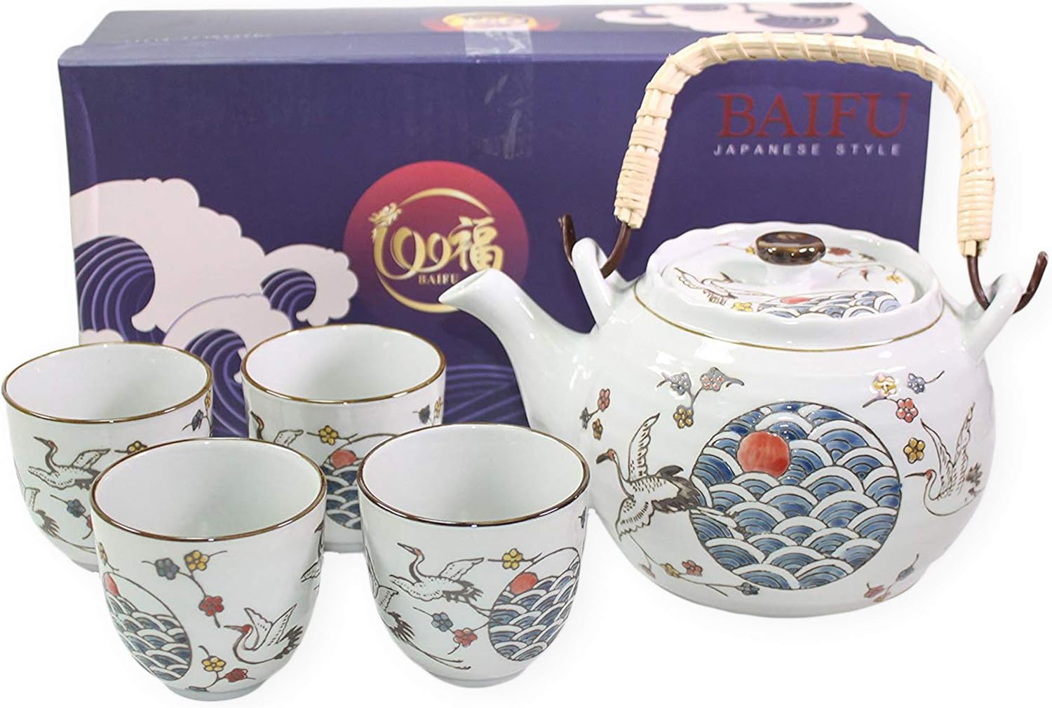 5 PC Chinese Teapot set with Tea Cups ~ Chinese Style Design and Filter Gift/Birthday gift/Kitchen/Teapot/idea for Gift (White Crane Heron)