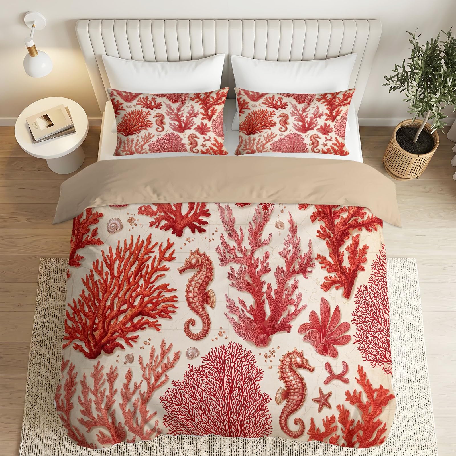 Generisch Sommer-Bettwäsche 155 x 220 cmBeige, Animal PlantSeahorse CoralBettbezug, Bügelfrei & Atmungsaktiv, Waschbare Weich Mikrofaser Bettdeckenbezug für Kinder, Jungen und Mädchen & Jugendliche
