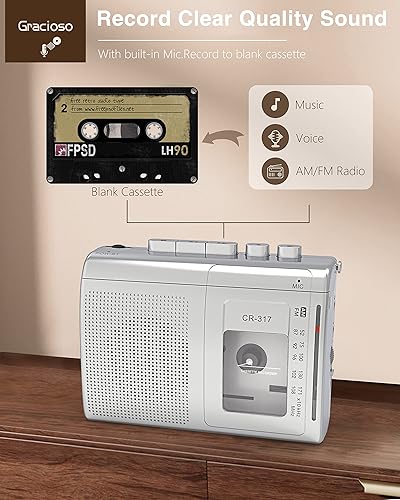 Miniatura 3 de Gracioso Reproductor de casete Bluetooth con transmisor Bluetooth, reproductor de casete AM FM con altavoz grande, conector para auriculares