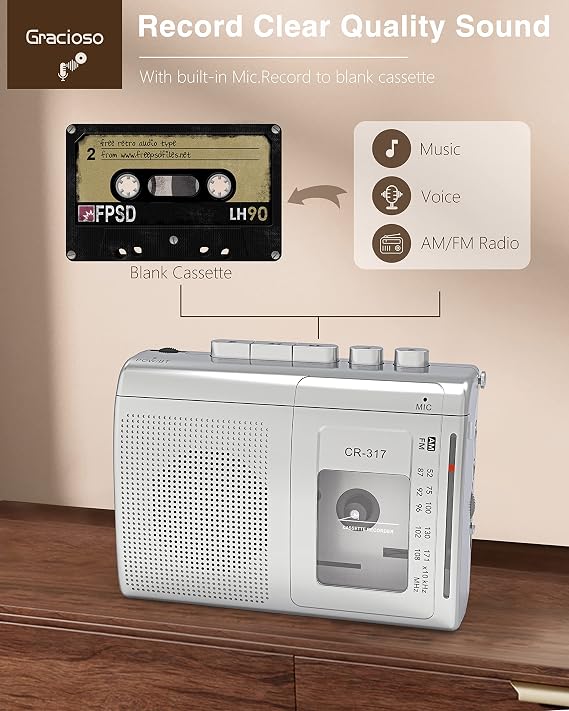 Bluetooth Vericili Taşınabilir Kaset Çalar Kaydedici, AM FM Walkman Kaset Çalar Kulaklık Jakı ve Büyük Hoparlörlü, Mikrofon Jakı, 2 x AA Pil Kumandalı Kaset Bant Oynatıcı Ev, Park için