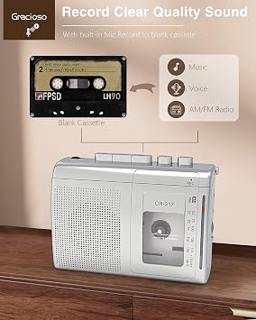 Bluetooth Vericili Taşınabilir Kaset Çalar Kaydedici, AM FM Walkman Kaset Çalar Kulaklık Jakı ve Büyük Hoparlörlü, Mikrofon Jakı, 2 x AA Pil Kumandalı Kaset Bant Oynatıcı Ev, Park için