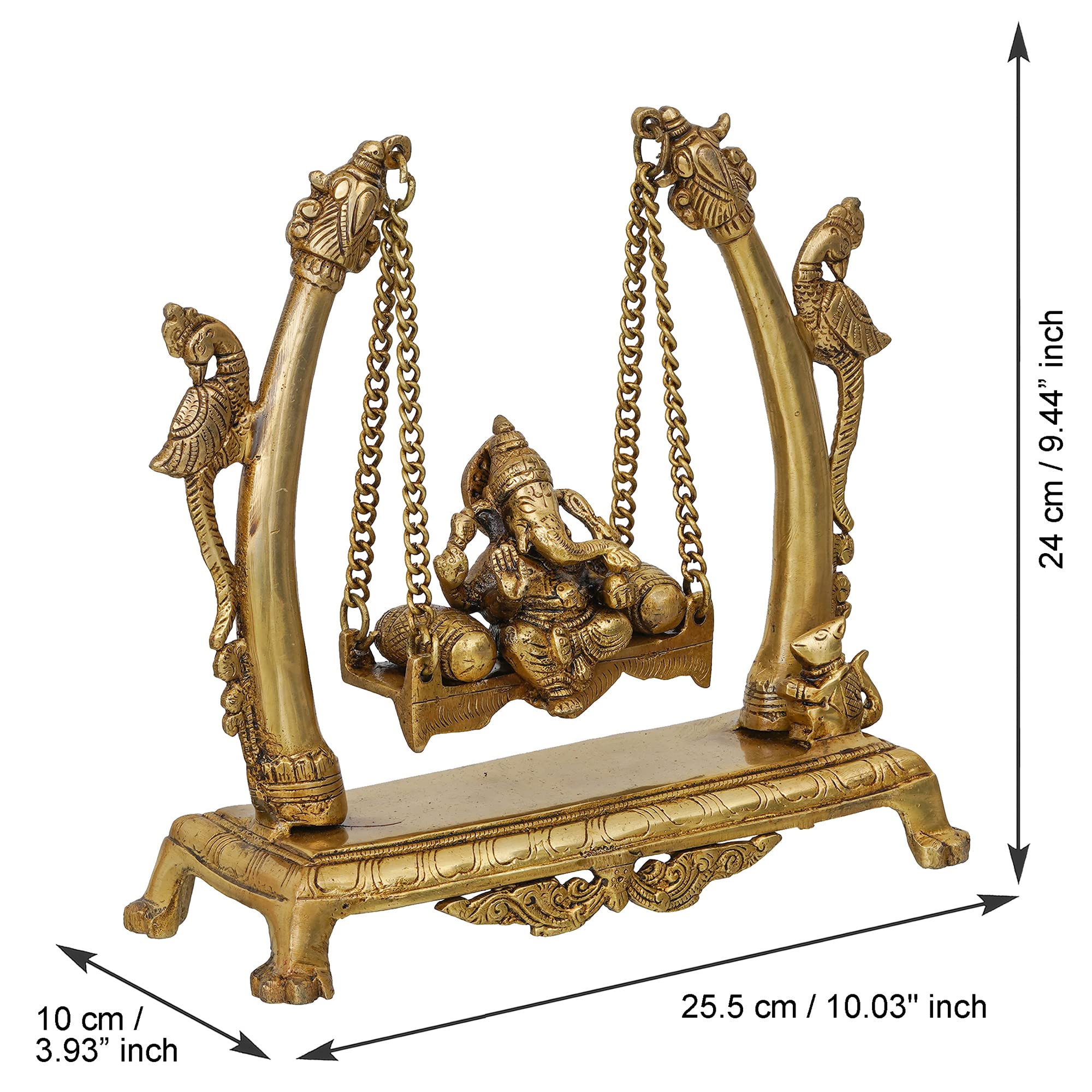 eCraftIndia Idole de Ganesh en laiton doré assise sur une balançoire de paon | Idole du Seigneur Ganesha pour décoration d'intérieur | Statue de Ganesh | Ganesh Ganpati Murti Cadeau pour Diwali
