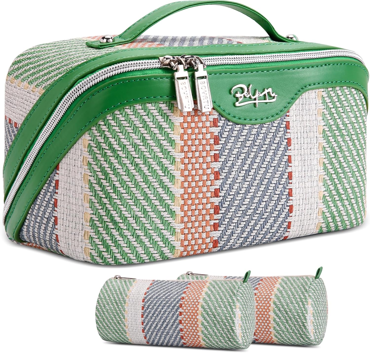 BOYATU Travel Makeup Bag Cosmetic Bag for Women: 3 Pcs Set Make up Bag with Compartments - Waterproof Vegan Leather Toiletry Bags with Handle - Makeup Organizer for Travel Essentials(C-2-Green)