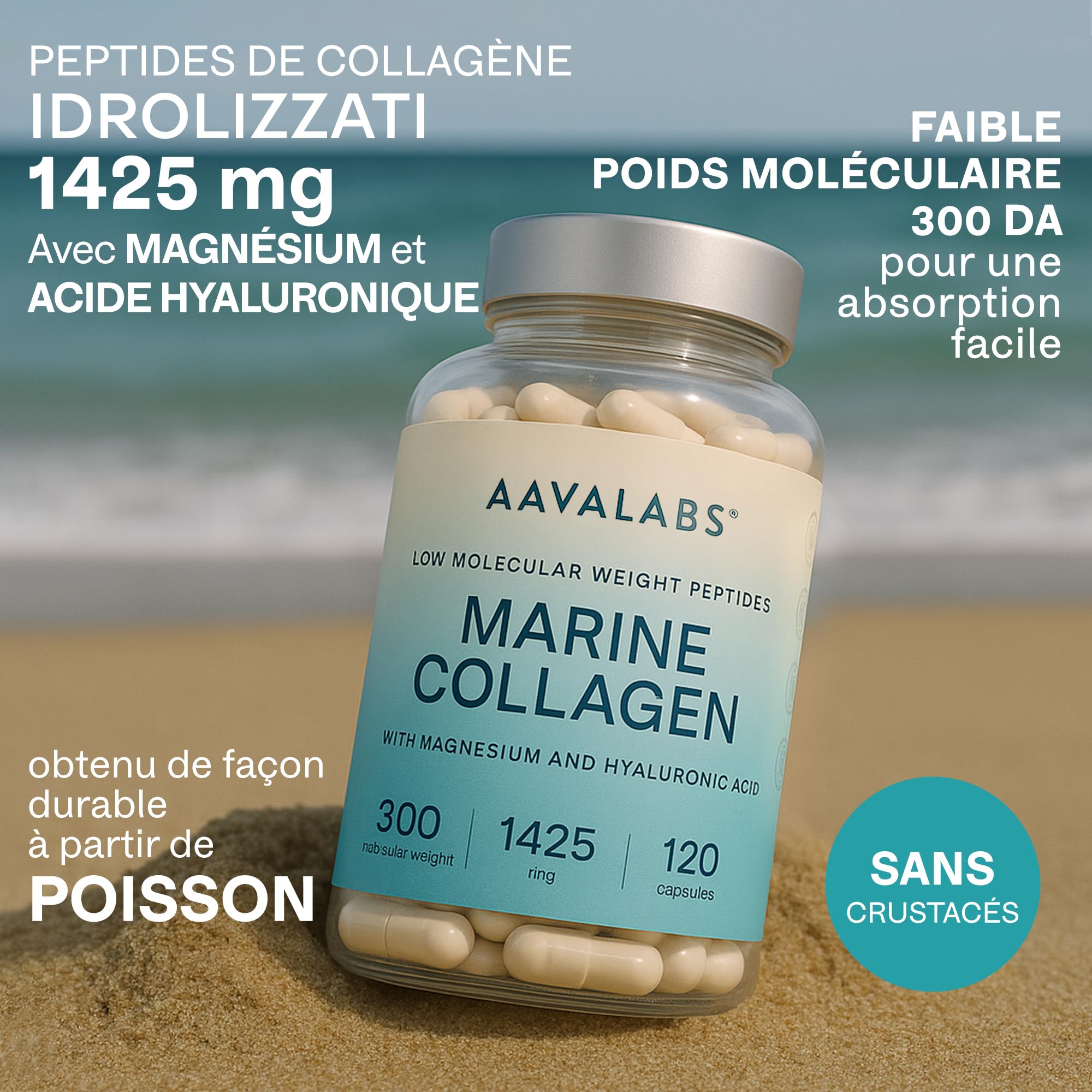 Collagene Marin Acide Hyaluronique et Magnesium | 1452 mg - Complement Alimentaire Peau Collagene et Acide Hyaluronique Pur au Peptide de Collagene - Collagène Marin Hydrolysé sans OGM - 120 Gélules