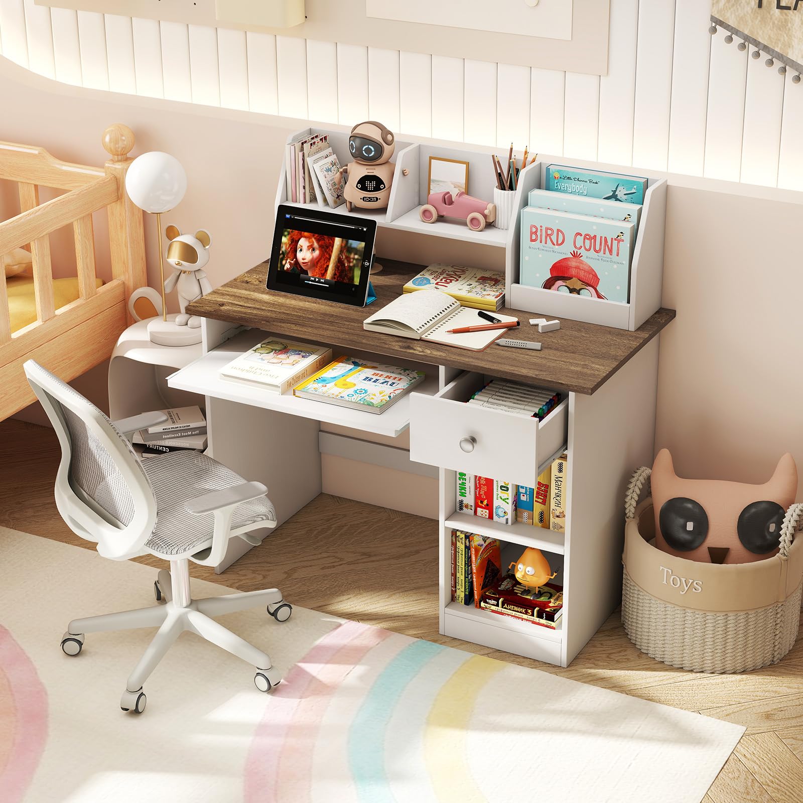 Bureau Enfant 90x45x90CM Bois avec Bibliothèque Tiroir 2 Etagères Plateau Clavier Anti-Bascule Charge 100KG Naturel