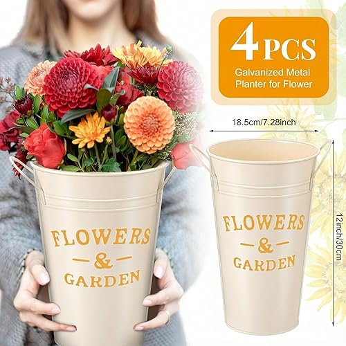 Miniatura 2 de Roshtia Juego de 4 jarrones de metal vintage de 12 pulgadas de alto, cubo de flores rústicas, jarrón de metal con asa, centro de mesa de cubo