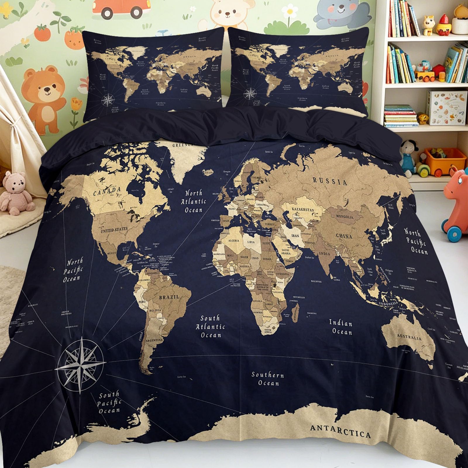 Srigzcaly Double Duvet Cover Set, Vintage World Map Pattern Reversible Quilt Cover, Ultra Soft Hypoallergenic Microfibre Bedding Set with Zipper Closure & 2 Pillowcases (200x200 cm)