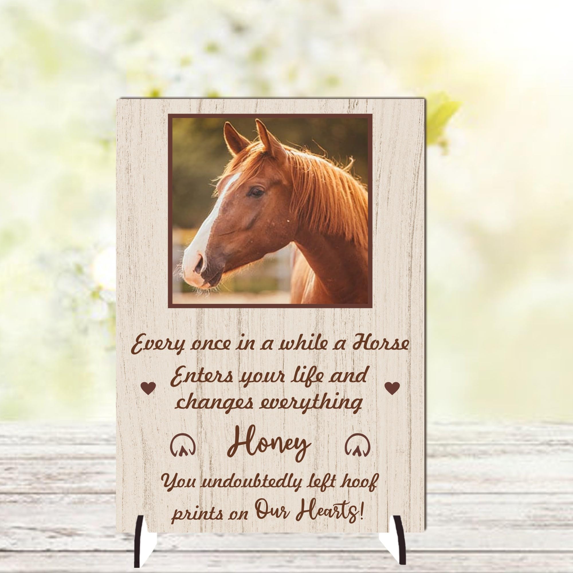 Personalised Horse Pet Bereavement Photo Plaque - Custom Hoof On Our Hearts Prints Poem - Memorial Remembrane Keepsake Photo Frame (Beige, Mdf Wood A5 21cm x 15cm)