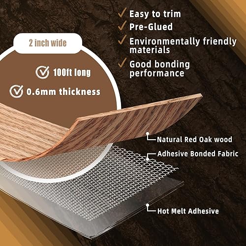 Miniatura 140 de GSCIT Club Bandas de borde de roble, rollo de 1 pulgada x 10 pies de bandas de borde de chapa - Cinta de madera real flexible previamente pegada