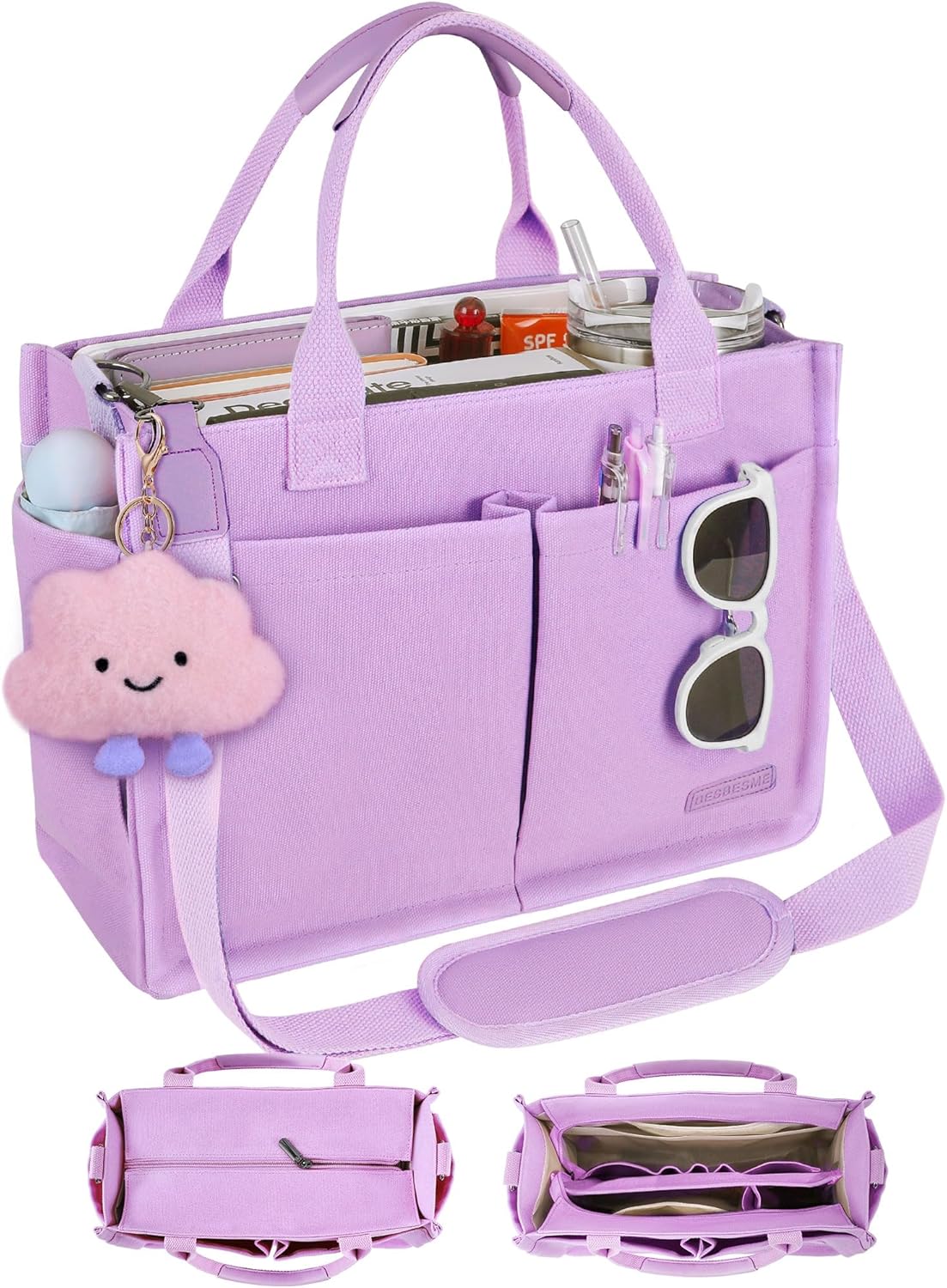 BESBESME Canvas Tote Bag for Women with Zipper & Compartments– Large Work & College Laptop Tote Crossbody Shoulder Bag