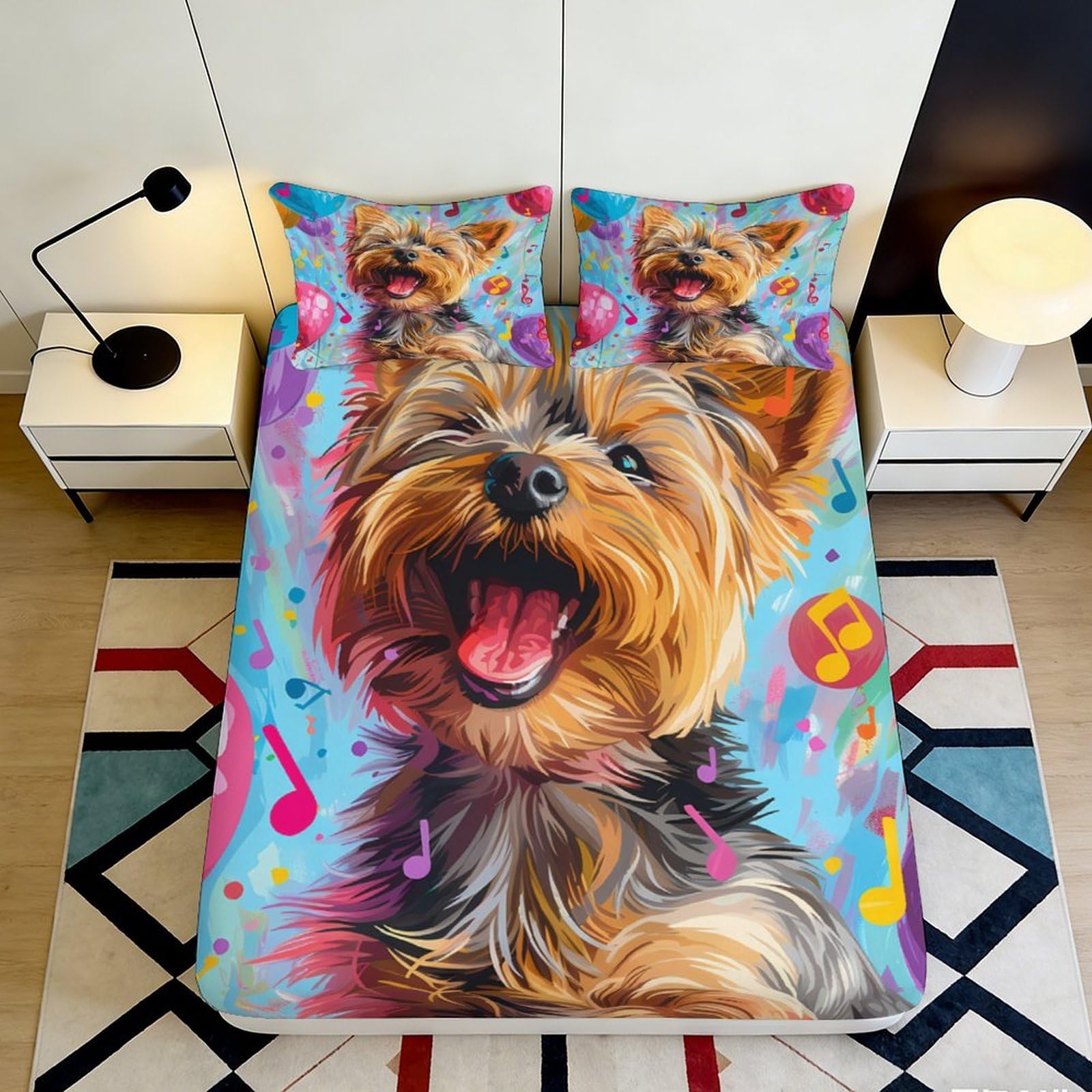 3D Printed Yorkshire Terrier Fitted Sheet Microfiber Vibrant Cartoon Dog Bed Cover Non-slip Machine Washable Bedroom Decor 90x200x25cm