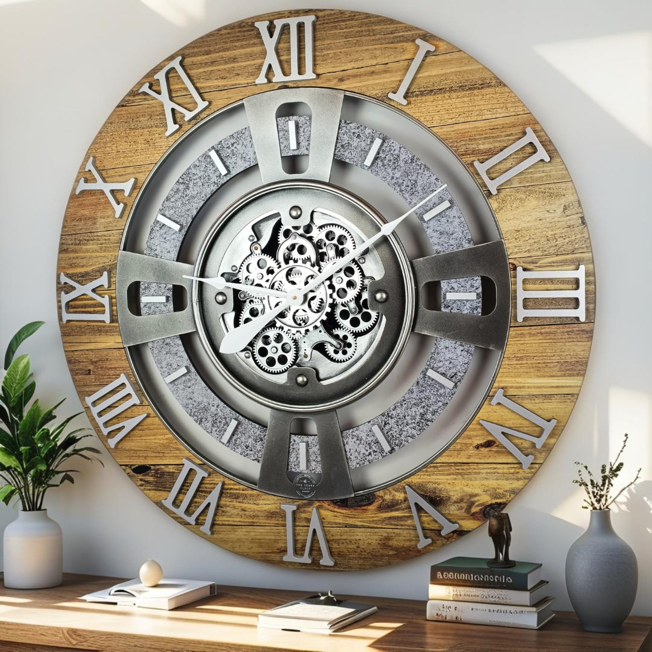 ImprovingLife The Gears Clock Real Moving Gear Wall Clock England Line (Wood & Stone, 24 inches (60 cm))