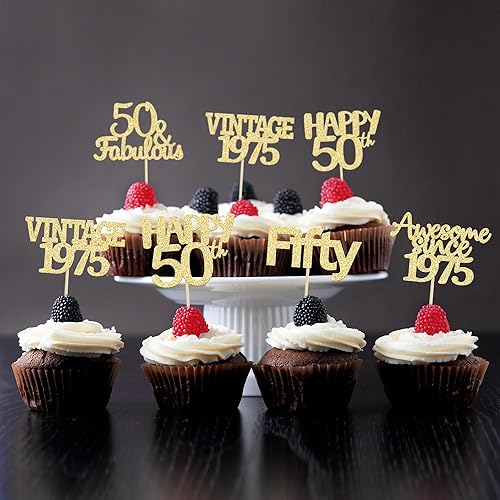 Miniatura 6 de Gyufise 30 piezas de adornos para cupcakes de cumpleaños 50 con purpurina dorada vintage de 1975 impresionantes desde 1975, 50 fabulosas selecciones