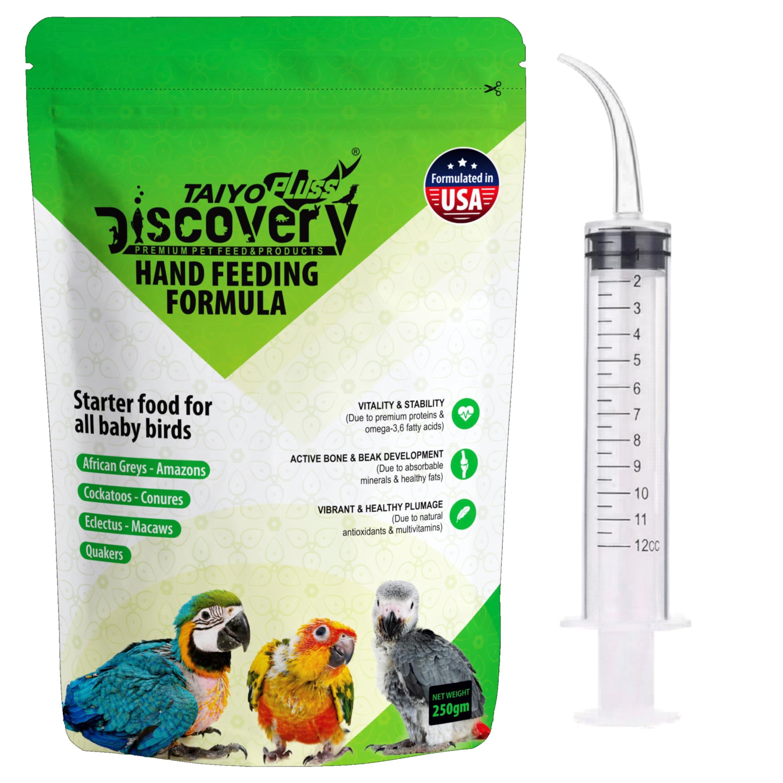 Taiyo Pluss Discovery Hand Feeding Formula - 250 gm Pouch | High Nutrition Baby Bird Food with DHA | Supports Bone & Beak Growth | for African Grey, Macaw & Conure Chicks(Pack of 1)-image-8