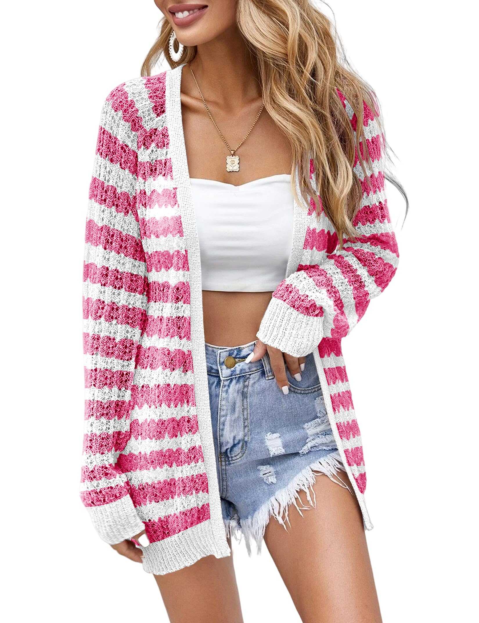 Women Crochet Lightweight Cardigan Cover Up Open Front Long Sleeve Summer Cardigans