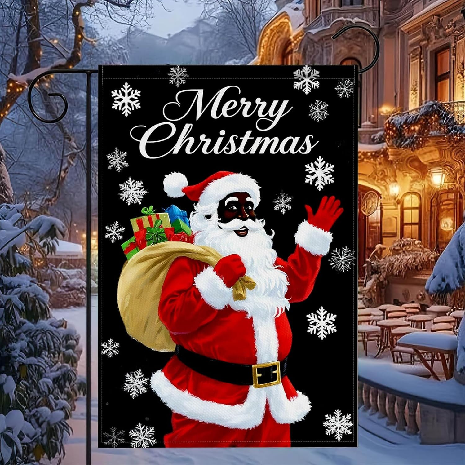 Merry Christmas African American Black Santa Garden Flag 12x18 Inch Double Sided Santa with Gift Bag Snowflake Flags Holiday Outdoor Winter Yard Banner Christmas Welcome Flag - Image 7