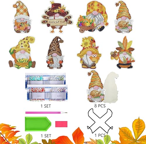 Miniatura 2 de EVECLIOO - 8 posavasos de pintura de diamante de gnomo de otoño, posavasos de pintura de diamante de Acción de Gracias con soporte, niños y