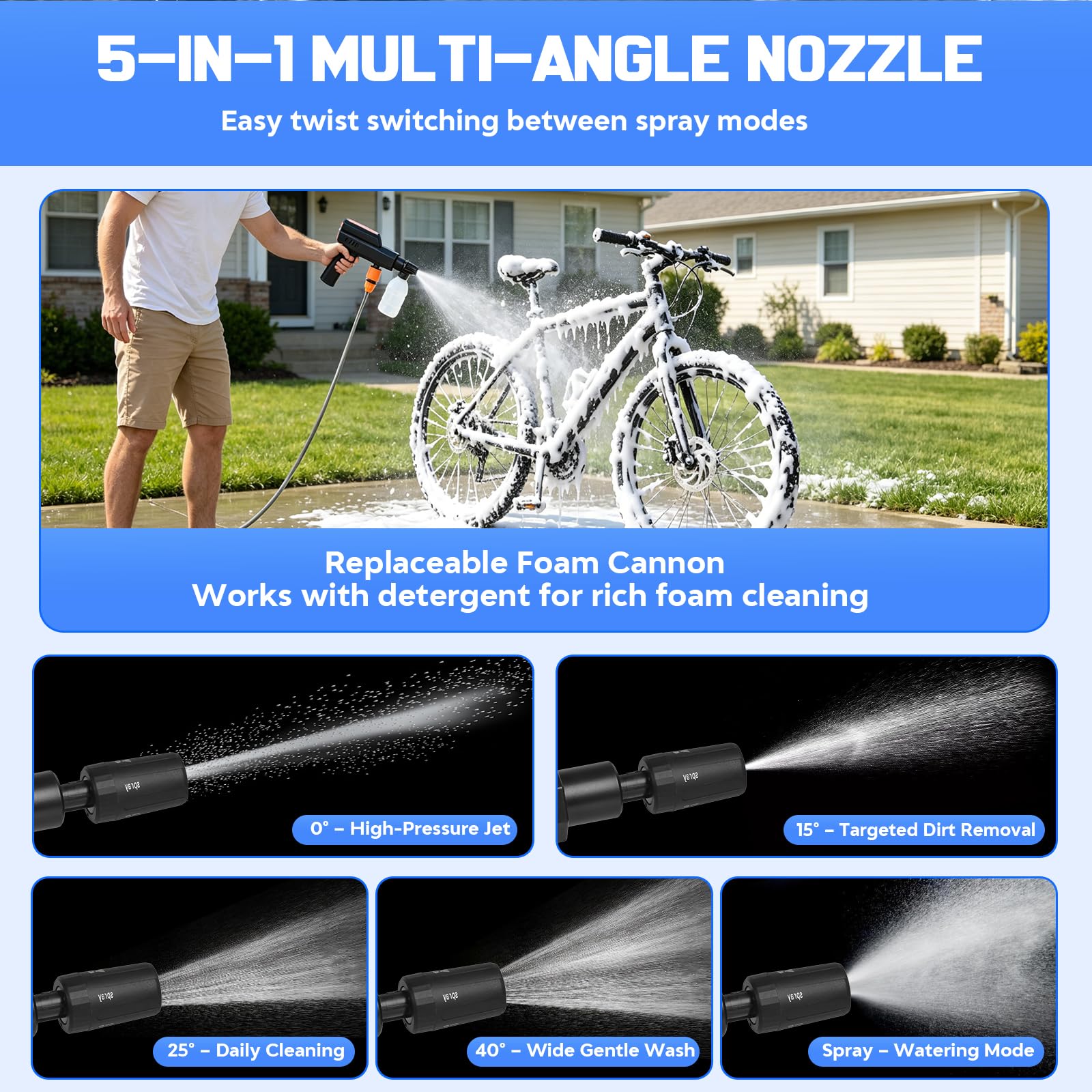 Hidrolimpiadora Inalámbrica 12000mAh, 4 Niveles, Carga USB-C y 12V | Limpiadora a Presión Portátil, Boquilla 5 en 1, Manguera 5 m, Depósito de Espuma para Coche, Bicicleta y Jardín