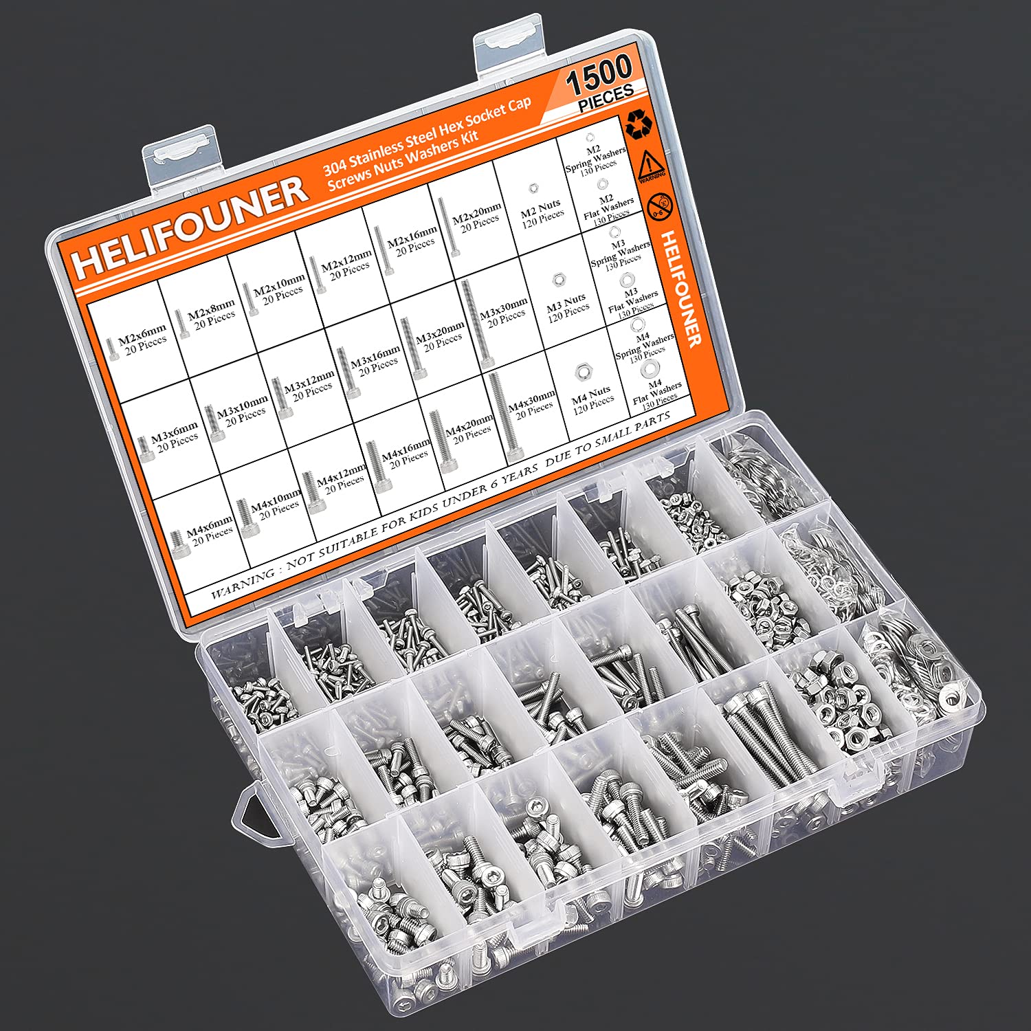 HELIFOUNER 1500 piezas M2 M3 M4, 304 de acero inoxidable, tornillos métricos, tornillos, arandelas, tuercas, kit surtido de herramientas con llaves hexagonales