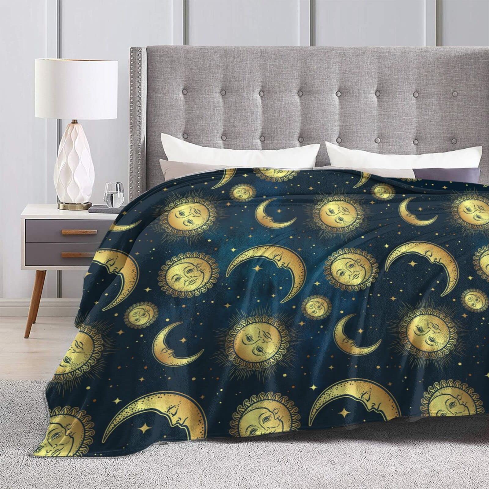 Perinsto Mond, Sonne & Sterne Überwurfdecke - Ultraweiche Fleecedecke, Boho Design, Für Bett & Couch, Alle Jahreszeiten