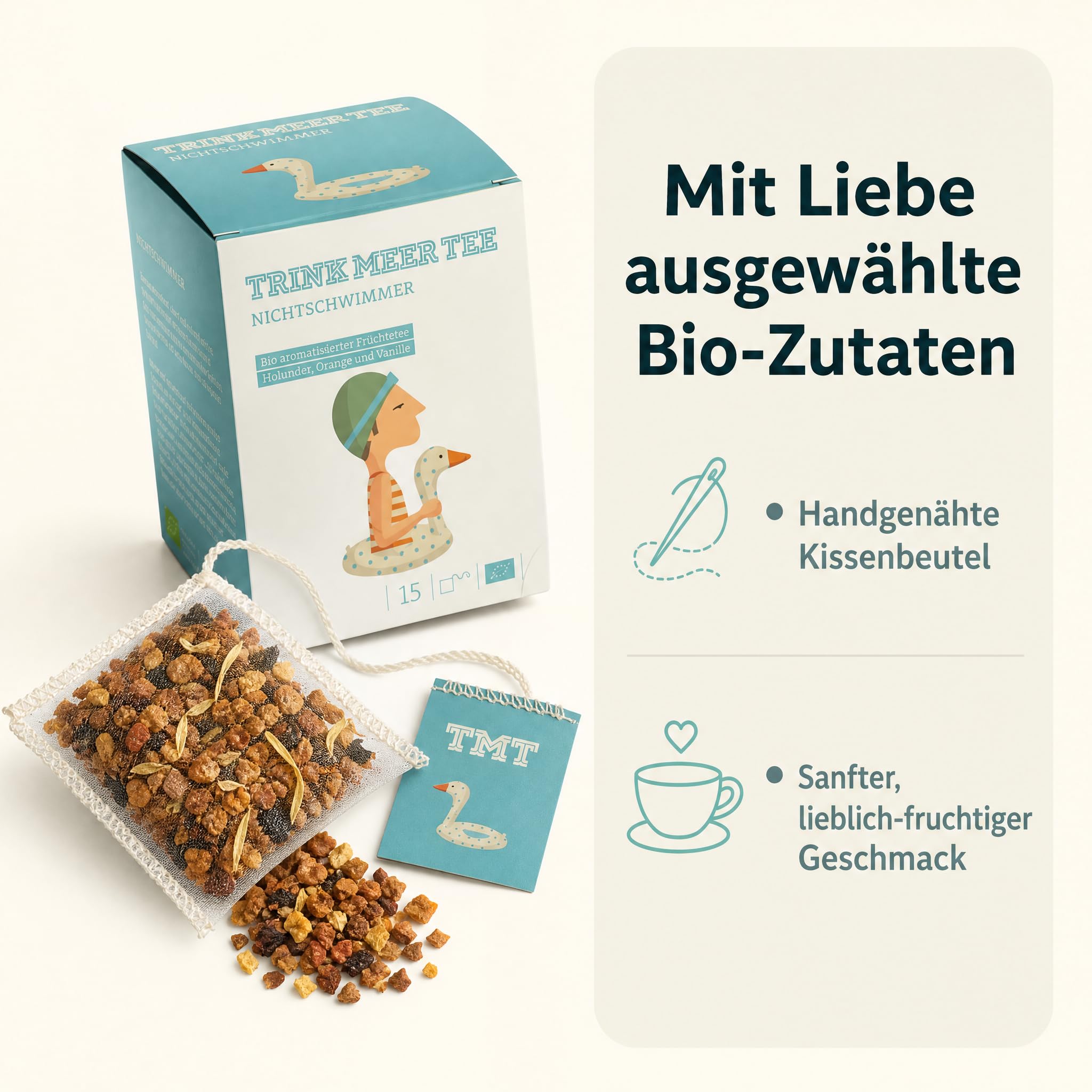 6 x Trink Meer Tee Früchtetee Nichtschwimmer, aromatisiert mit Holunder, Orange und Vanille, handgenähte Kissenbeutel, koffeinfrei, vegan und glutenfrei, zertifiziert, 30 Kissenteebeutel