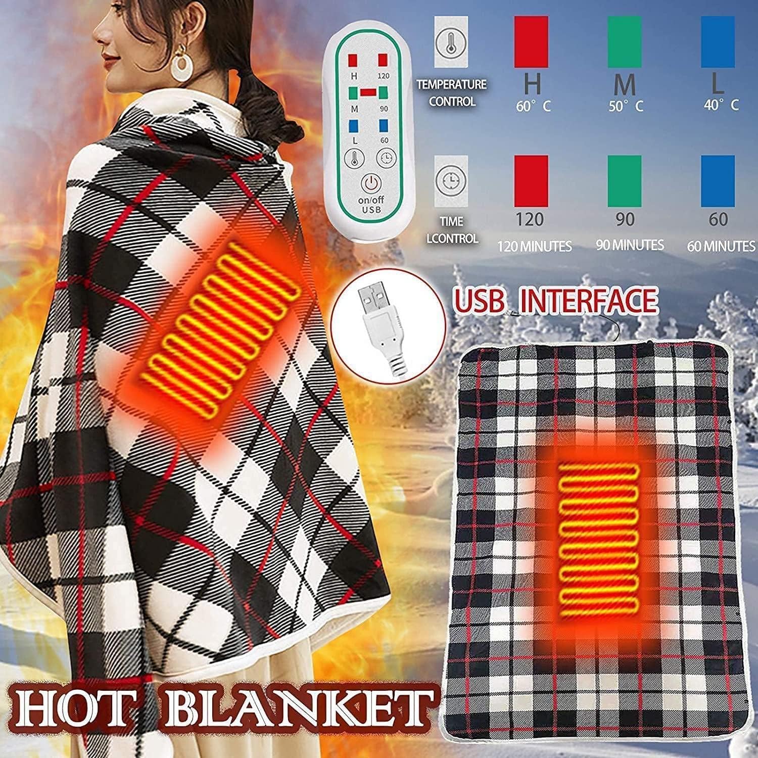 review Heated Throw - Electric Blanket electric heating blanket,Electric Heated,5V USB Warming Soft Heating 100 * 65cm Electric Shawl Wrap 3 Heating Levels Levels Washable Wrap for Car Office Home,Black (Bla