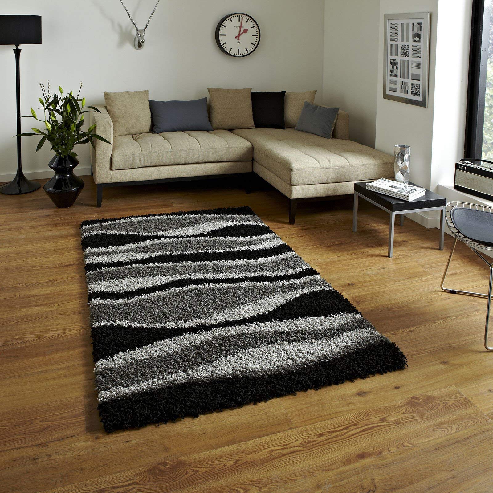 Bravich Extra Large Grey and Black Wave Pattern Stripes Wavy Design Mix Super Soft High Deep Pile Shaggy Area Rug/Living Room Rug Carpet 160x230 cm (5ft3 x 7ft7) — image 1