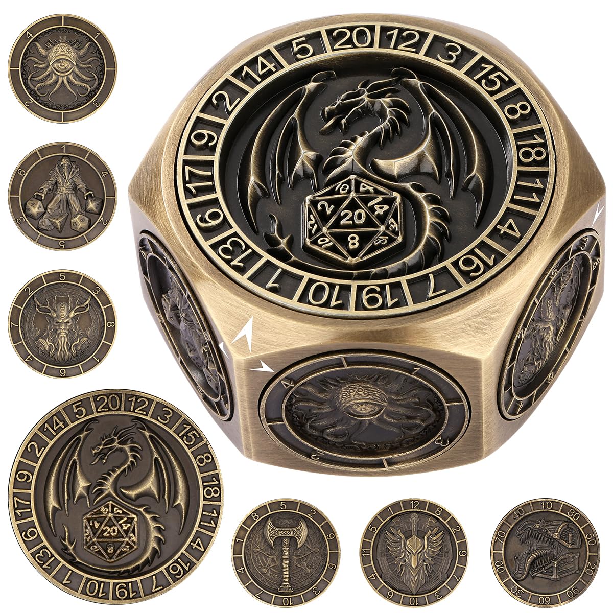 Set de Dés Rotatifs DND, 7-en-1 Métal Dés Spinner, Design Relief 3D Hexagone-8 Côtés, Dés Polyédriques Rotatifs pour Jeux de Rôle, Cadeaux D&D avec Boîte Cadeau, Accessoires de Jeux de Société, Bronze