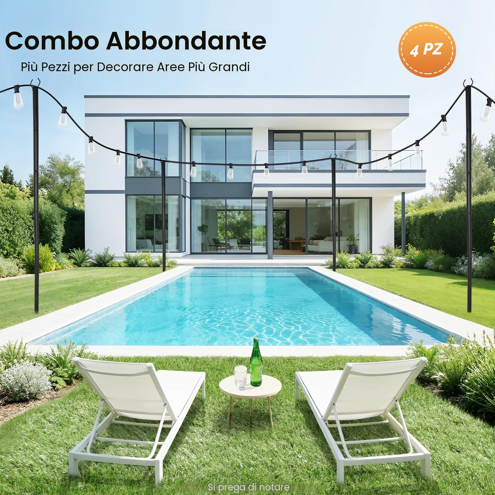 Set di 4 pali luminosi da esterno da 3m – Supporto per luci per giardino, terrazza e balcone – Supporto per luci per feste e Natale regolabile in altezza – Incl. picchetto da terra e supporto per