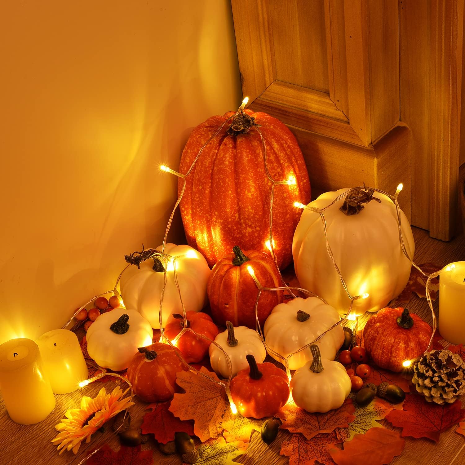 DearHouse 12Pcs Thanksgiving Artificial Pumpkins Set Clearance, Fall Pumpkins with Maple Leaves for Autumn Thanksgiving Holiday Home Decor