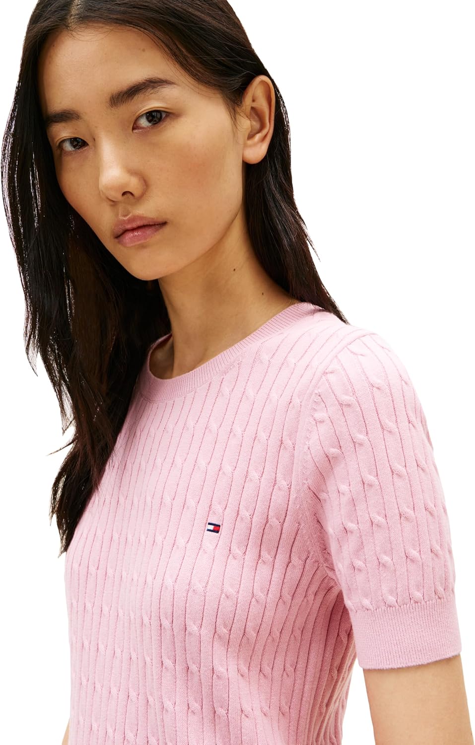 Tommy Hilfiger Women's Cable Knit Crew Neck Sweater Lightweight Pullovershort Sleeve Cable Knit Crew Neck Sweater Lightweight Pullover