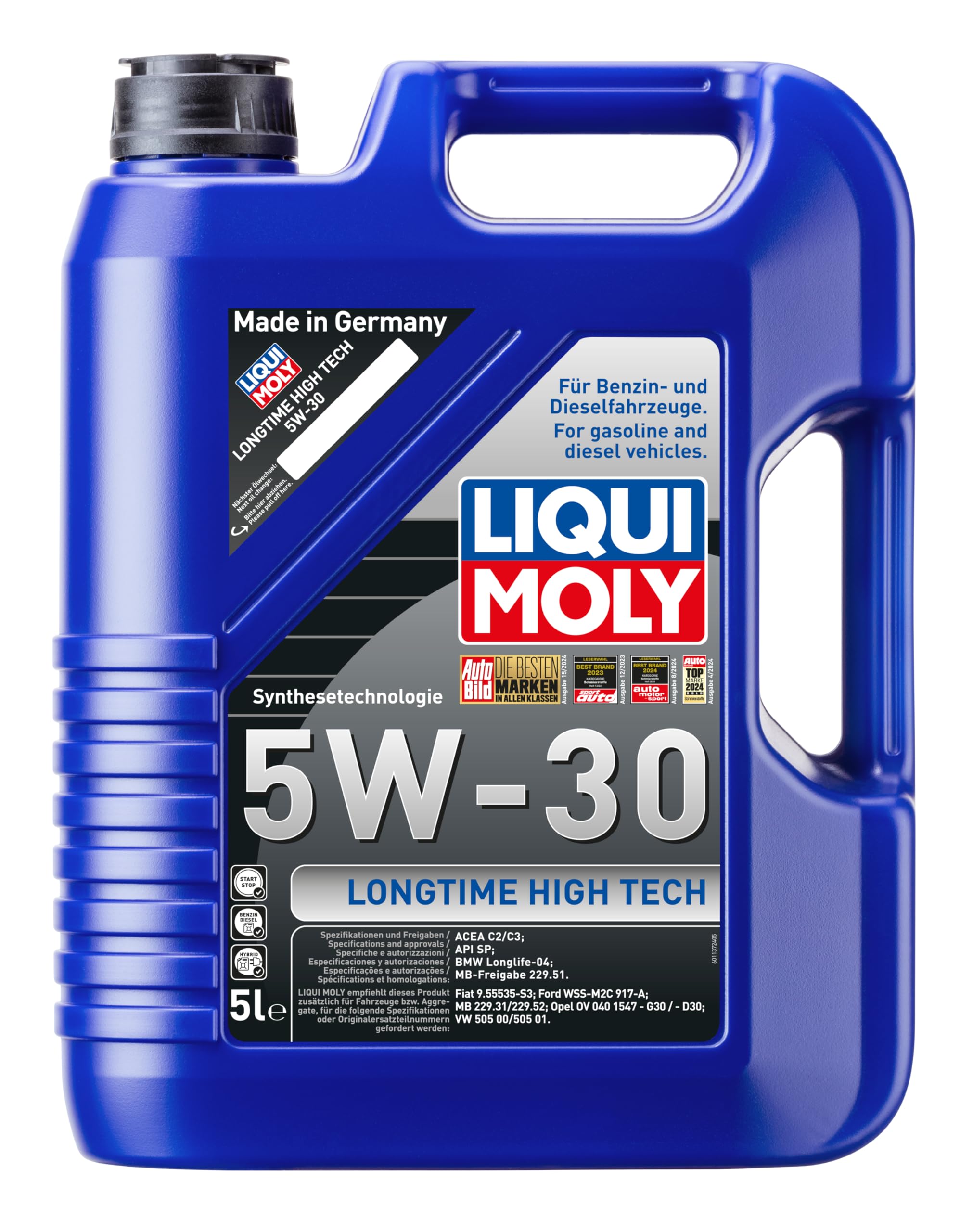 LIQUI MOLY Huile moteur Longtime High Tech 5W-30 Huile synthétique huile ACEA C3 ACEA C2 API SP 5 L Compatible avec VW Golf 7 3/5 portes 5G1, BQ1, BE1, BE2 Golf 4 3/5 portes 1J1 Golf 5 3/5 portes 1K1