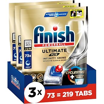 Finish Ultimate Plus Infinity Shine Dishwasher Tablets Dishwasher Tablets for Intensive Cleaning Grease Dissolving Power and Shine with Protective Shield 219 Caps 3 x 73 Tabs