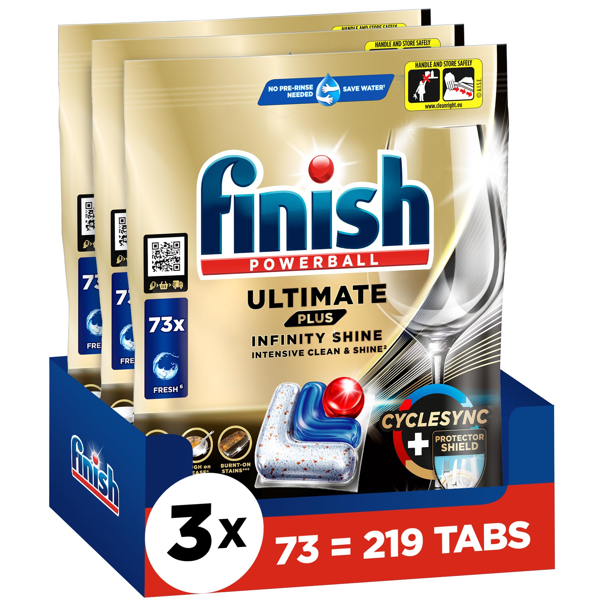 Finish Ultimate Plus Infinity Shine Spülmaschinentabs – Geschirrspültabs für intensive Reinigung, Fettlösekraft und Glanz mit Schutzschild – 219 Finish Caps (3x73 Caps)