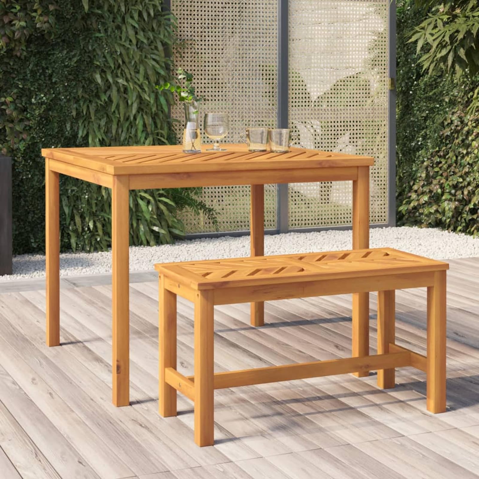 Homgoday Gartenbank 80 cm Massivholz Akazie, Holzbank mit Fischgräten-Design, geölt, 80x35x45 cm, bis 110 kg belastbar, für Garten, Terrasse und Balkon 362236