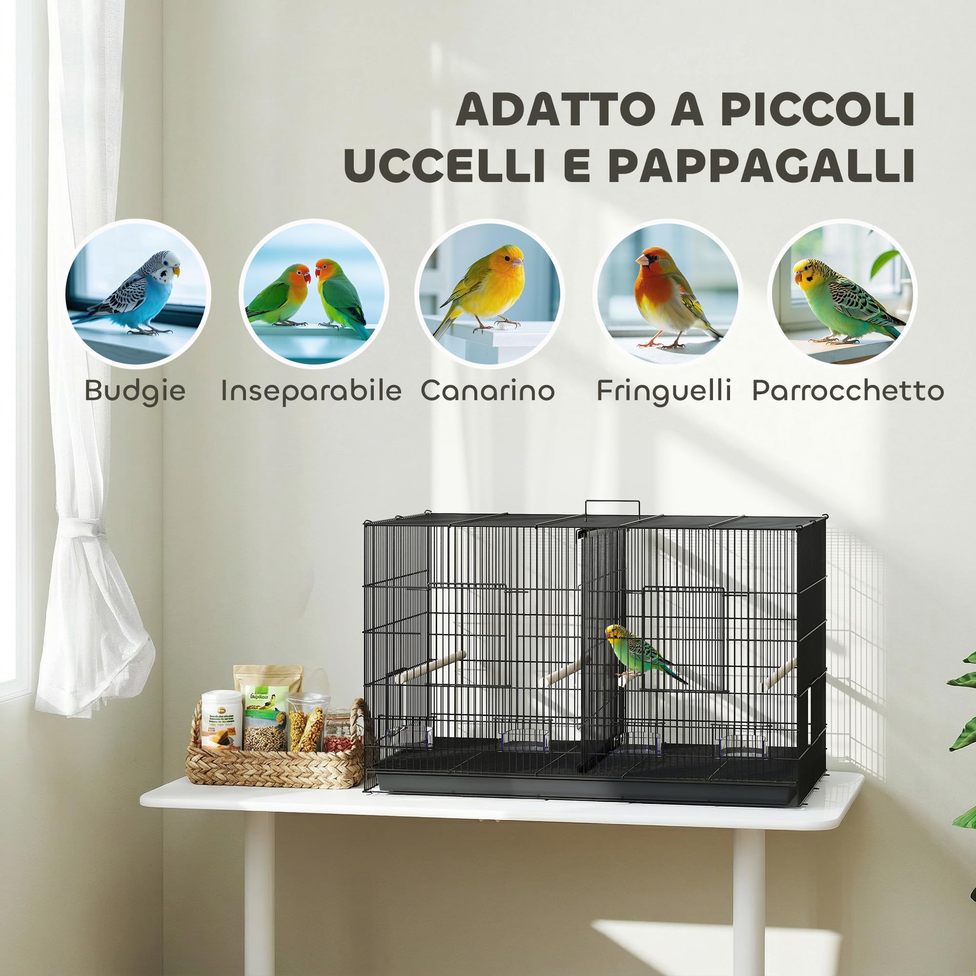 PawHut Gabbia per Uccelli con Divisorio e Ripiano Inferiore Portaoggetti, Gabbietta per Uccelli in Acciaio e PP con 4 Posatoi e 4 Mangiatoie, 94x57x57 cm, Nero
