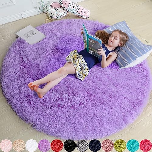 Amdrebio Purple Round Rugs 5Ft for Girls Bedroom Decor Aesthetic, Fluffy Fuzzy Circle Area Rug for Kids Playroom, Cute Furry Shaggy Circular Princess Carpet for Living Room, Baby Nursery, Preppy Dorm