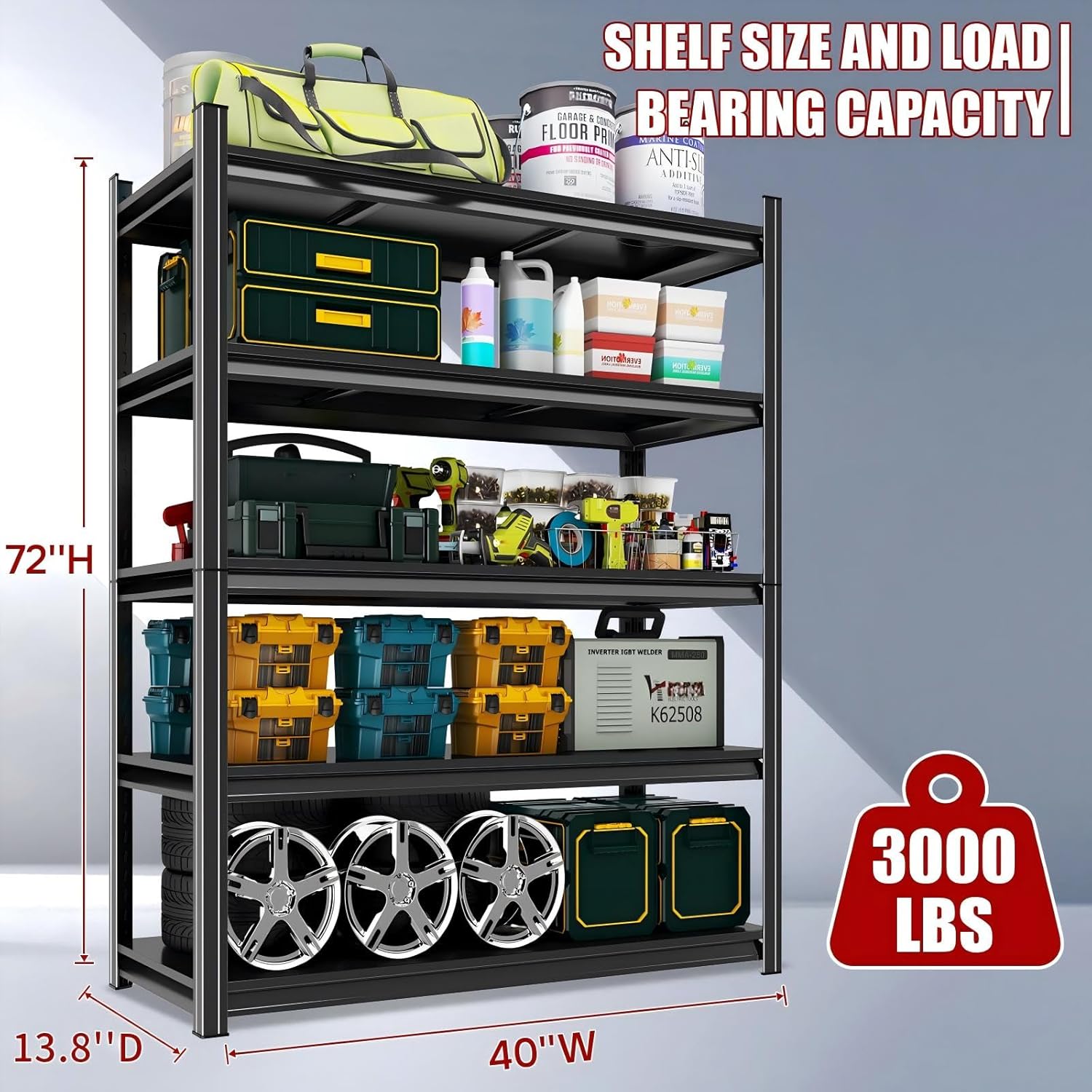 72" H x 40" W Garage Shelving Unit | Heavy Duty 5-Tier Steel | 3000LB Capacity | Garage & Basement Storage | Industrial Metal Shelving for Warehouses & Workshops | Adjustable, Rust-Resistant, Black