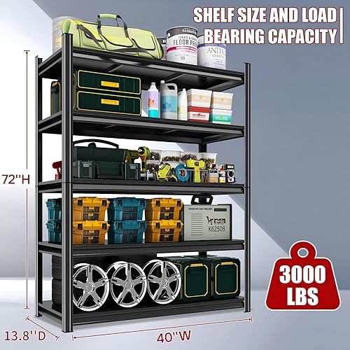 Miniatura 2 de Estantería de garaje de acero resistente de 5 niveles de 72" de alto x 40" de ancho, capacidad de 3000 libras, almacenamiento de garaje y sótano,