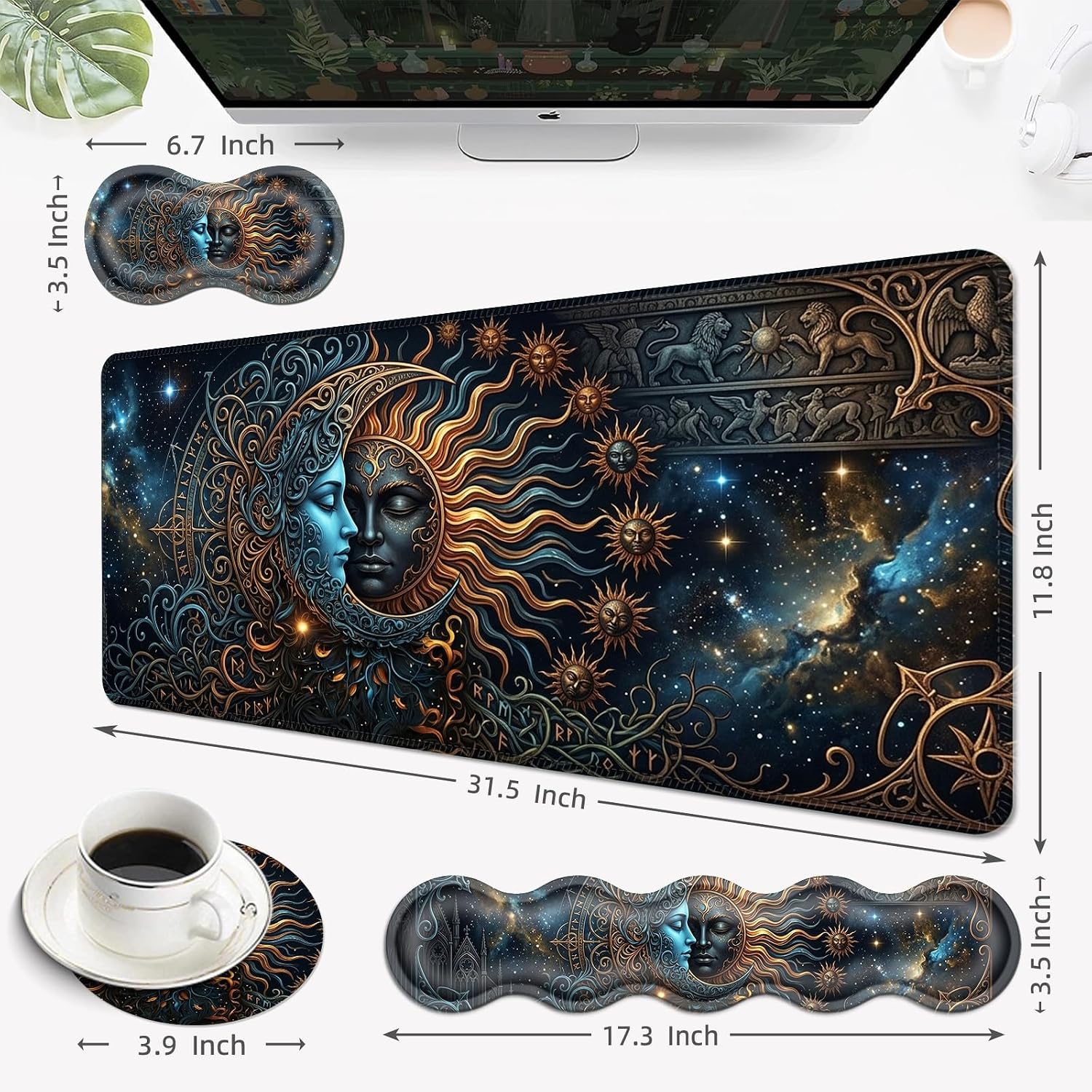 Desk Mat, Mouse Pad with Wrist Rest, 4-in-1 Large Mouse Pads for Desk, Ergonomic Mouse Pad and Keyboard Wrist Rest Gaming Keyboard Mat for Office,Sun and Moon Aesthetics thumbnail