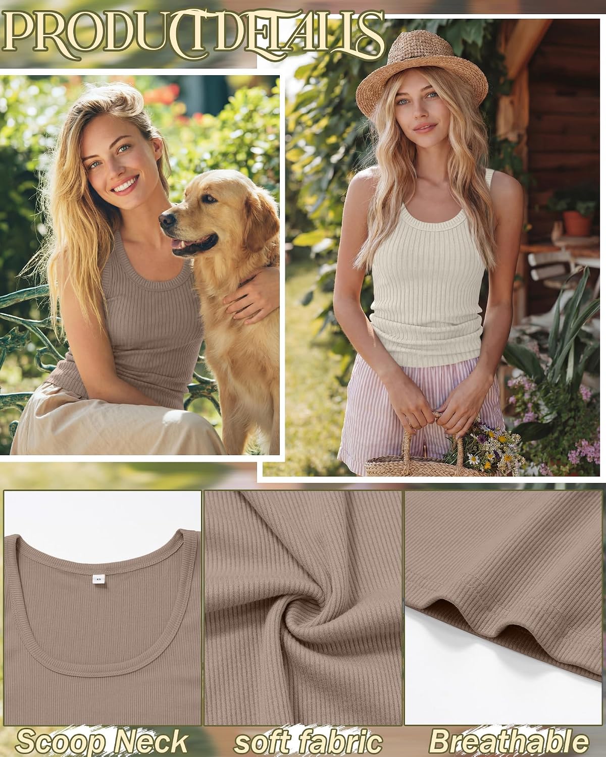3 Pack Women's Cotton Tanks Ribbed Scoop Neck Sleeveless Shirts Thick Strap Slim Fitted Summer Casual Tee Tops