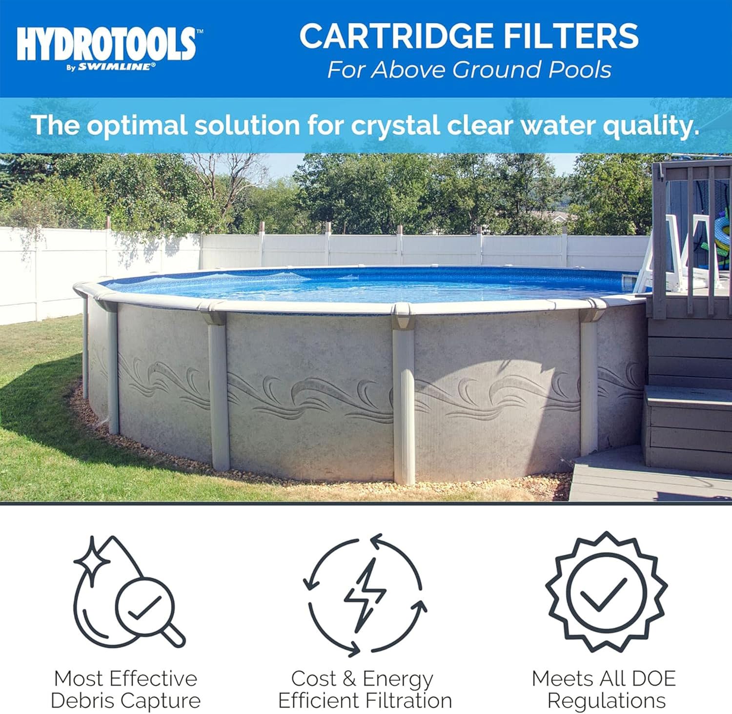 Image of an above-ground pool with text highlighting the filter's benefits: Most Effective Debris Capture, Cost & Energy Efficient Filtration, and Meets All DOE Regulations.