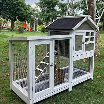 Outdoor Rabbit Cage, Wooden Chicken House, Rabbit Cage, Rabbit Cage, Rabbit Cage, Rabbit Cage, Outdoor Double Layer Wooden Chicken House, Wooden Small Animals, Apartment, With Flat Ventilation Door and Removable Tray, Easy Assembly, Washable, Four Seasons, Gray
